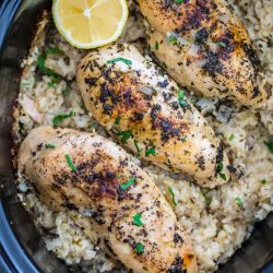 overhead shot of crock pot chicken and rice