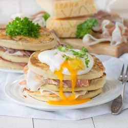 Pancakes with eggs and prosciutto