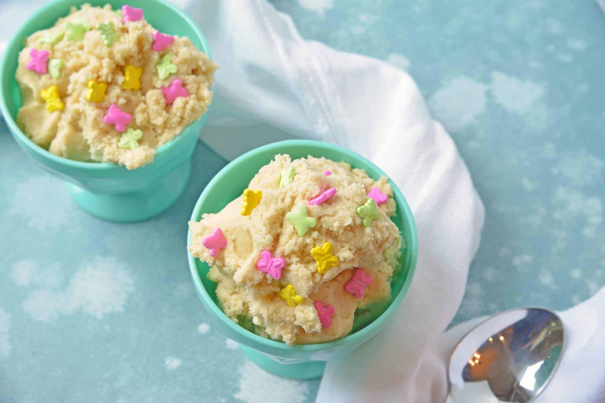 Desserts for one don't get easier than this edible sugar cookie dough.  With only a few ingredients, it's an easy dessert when you need a little pick me up! #ediblecookiedough #howtomakeediblecookiedough #ediblesugarcookiedough www.savoryexperiments.com