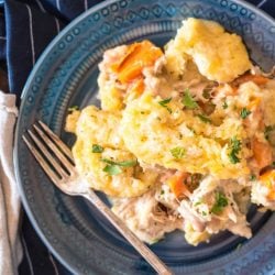 plate of slow cooker chicken and dumplings