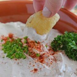 Chip being dipped into French Onion Dip