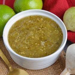 Tomatillo salsa is an easy, versatile homemade salsa that can be added to your favorite Mexican recipes or served as an appetizer with chips. #tomatillosalsa #salsaverde #greensalsa www.savoryexperiments.com