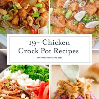 These 19 Easy Crock Pot Chicken Recipes are perfect for your quick dinner needs! Recipes ranging from healthy to hearty, from Italian to Mexican, and everything in between, you will find what you're looking for here! Just throw it all in the slow cooker for an easy weeknight meal. #easycrockpotchickenrecipes #slowcookerchickenrecipes #easychickencrockpotrecipes www.savoryexperiments.com
