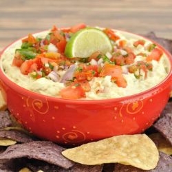 Margarita chicken dip in a red bowl