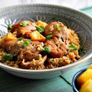 Pineapple Coconut Chicken in a gray bowl