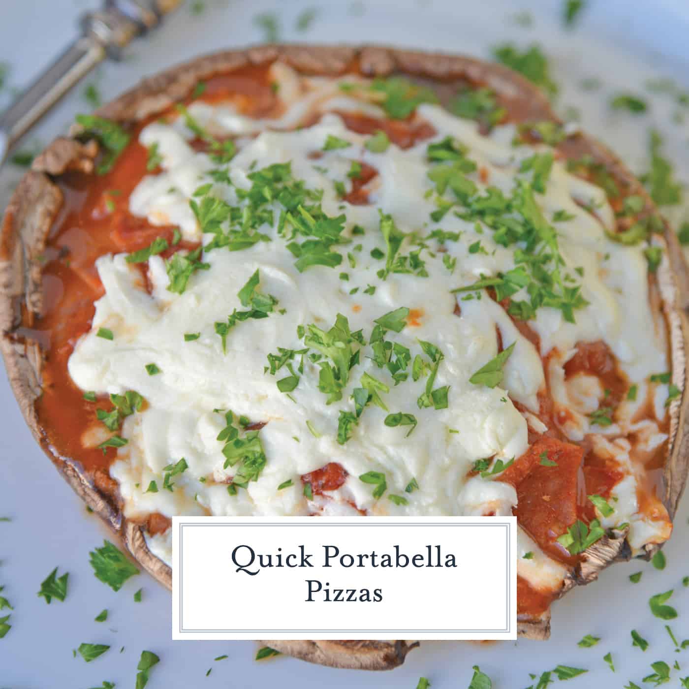 This Quick Portabella Pizza is the ultimate low carb pizza and easiest stuffed portabella recipe with only 4 ingredients and ready in 20 minutes! #portabellamushroomrecipes #stuffedportabellamushrooms #portabellapizza #lowcarbpizza www.savoryexperiments.com