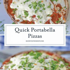 This Quick Portabella Pizza is the ultimate low carb pizza and easiest stuffed portabella recipe with only 4 ingredients and ready in 20 minutes! #portabellamushroomrecipes #stuffedportabellamushrooms #portabellapizza #lowcarbpizza www.savoryexperiments.com