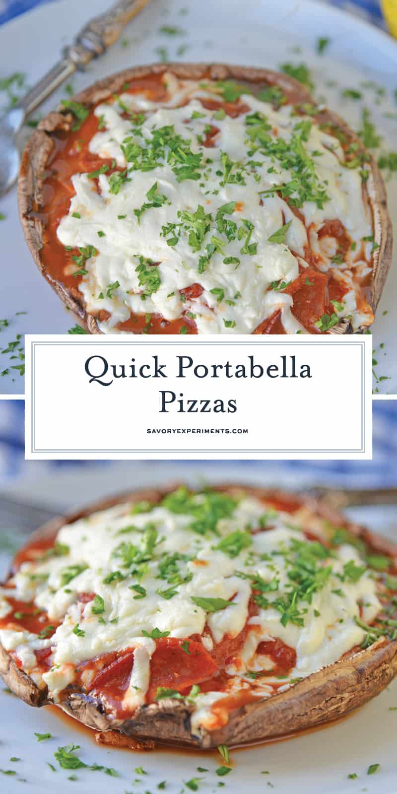 This Quick Portabella Pizza is the ultimate low carb pizza and easiest stuffed portabella recipe with only 4 ingredients and ready in 20 minutes! #portabellamushroomrecipes #stuffedportabellamushrooms #portabellapizza #lowcarbpizza www.savoryexperiments.com