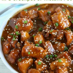 slow cooker sesame chicken in a bowl