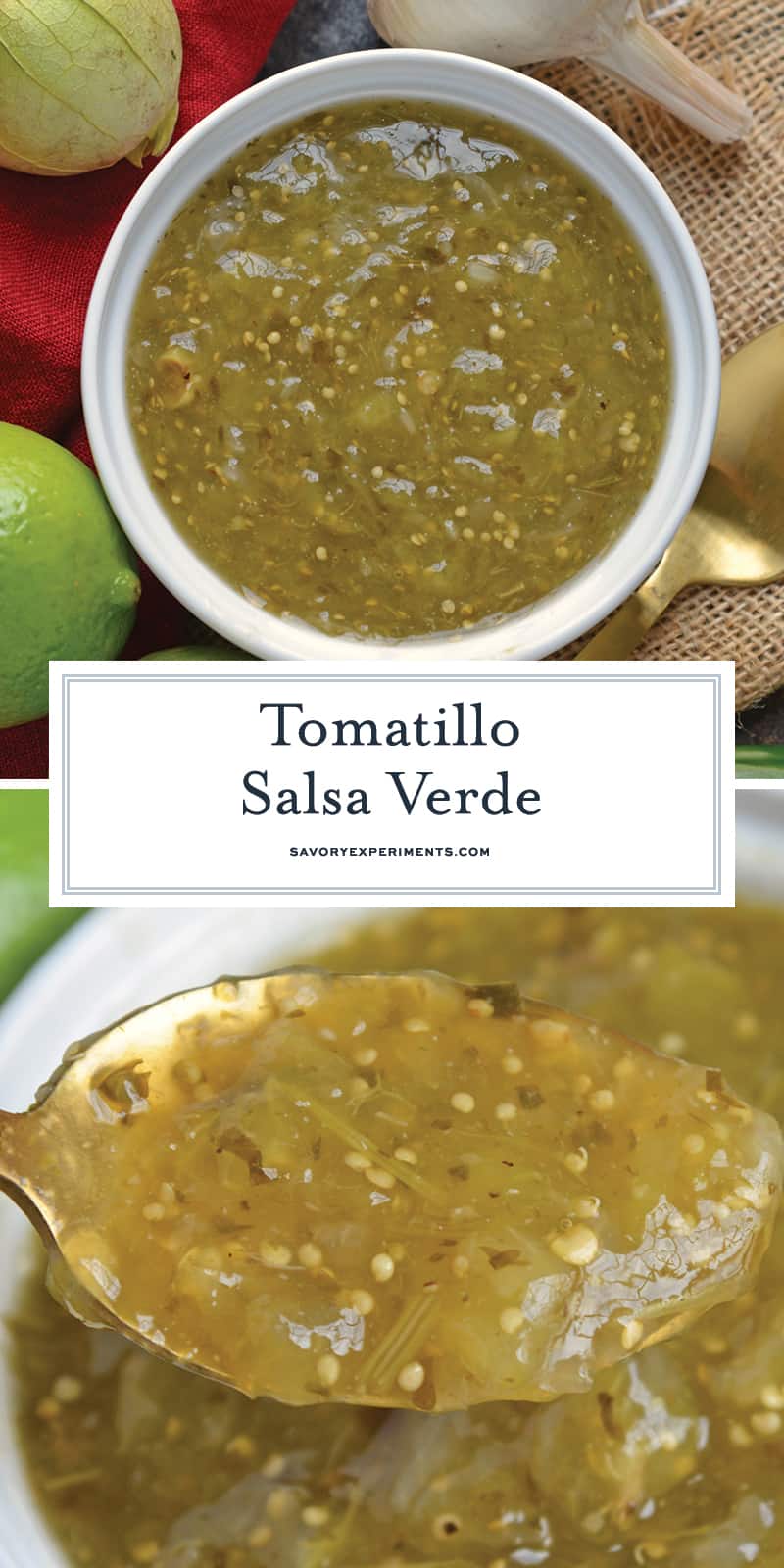 Tomatillo salsa is an easy, versatile homemade salsa that can be added to your favorite Mexican recipes or served as an appetizer with chips. #tomatillosalsa #salsaverde #greensalsa www.savoryexperiments.com