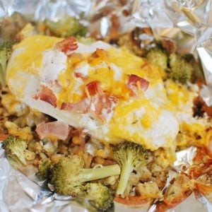 Cheesy chicken hobo meal in a foil pack