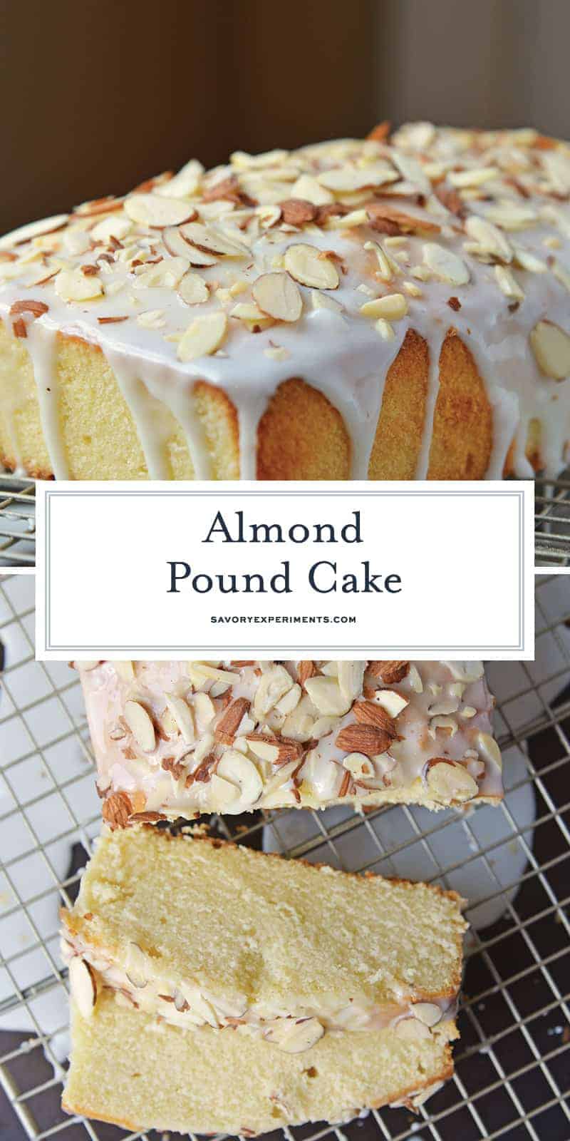 This Almond Pound Cake recipe is easy, moist and as dense as a pound cake should be. Topped with an almond pound cake glaze, it's the perfect dessert! #almondpoundcake #poundcakerecipe www.savoryexperiments.com