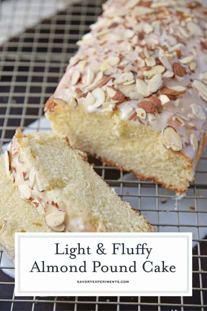 This Almond Pound Cake recipe is easy, moist and as dense as a pound cake should be. Topped with an almond pound cake glaze, it's the perfect dessert! #almondpoundcake #poundcakerecipe www.savoryexperiments.com