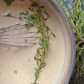 Au Poivre Peppercorn Sauce for steak can also be used for chicken or vegetables. An easy, creamy beef sauce spiked with peppercorns and Dijon mustard. #steaksauce #aupoivresauce #peppercornsauce www.savoryexperiments.com