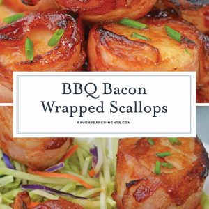 BBQ Bacon Wrapped Scallops are an easy and tasty seafood appetizer or dinner. With just a handful of ingredients, they're ready in just 15 minutes! #baconwrappedscallops #bakedscallops www.savoryexperiments.com