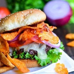 BBQ crunch burger on a white plate