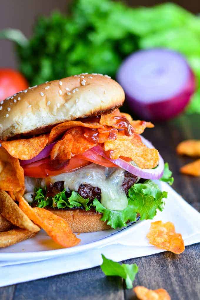 BBQ crunch burger on a white plate