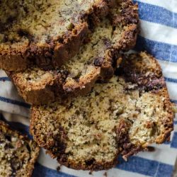 Sliced nutella banana bread on a white and blue towel