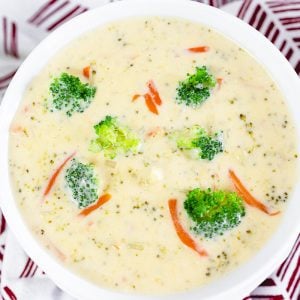 overhead of broccoli cheddar soup in a bowl