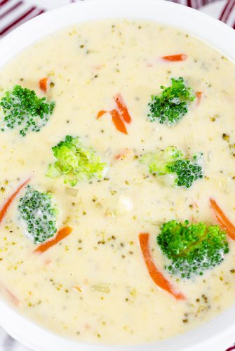 overhead of broccoli cheddar soup in a bowl