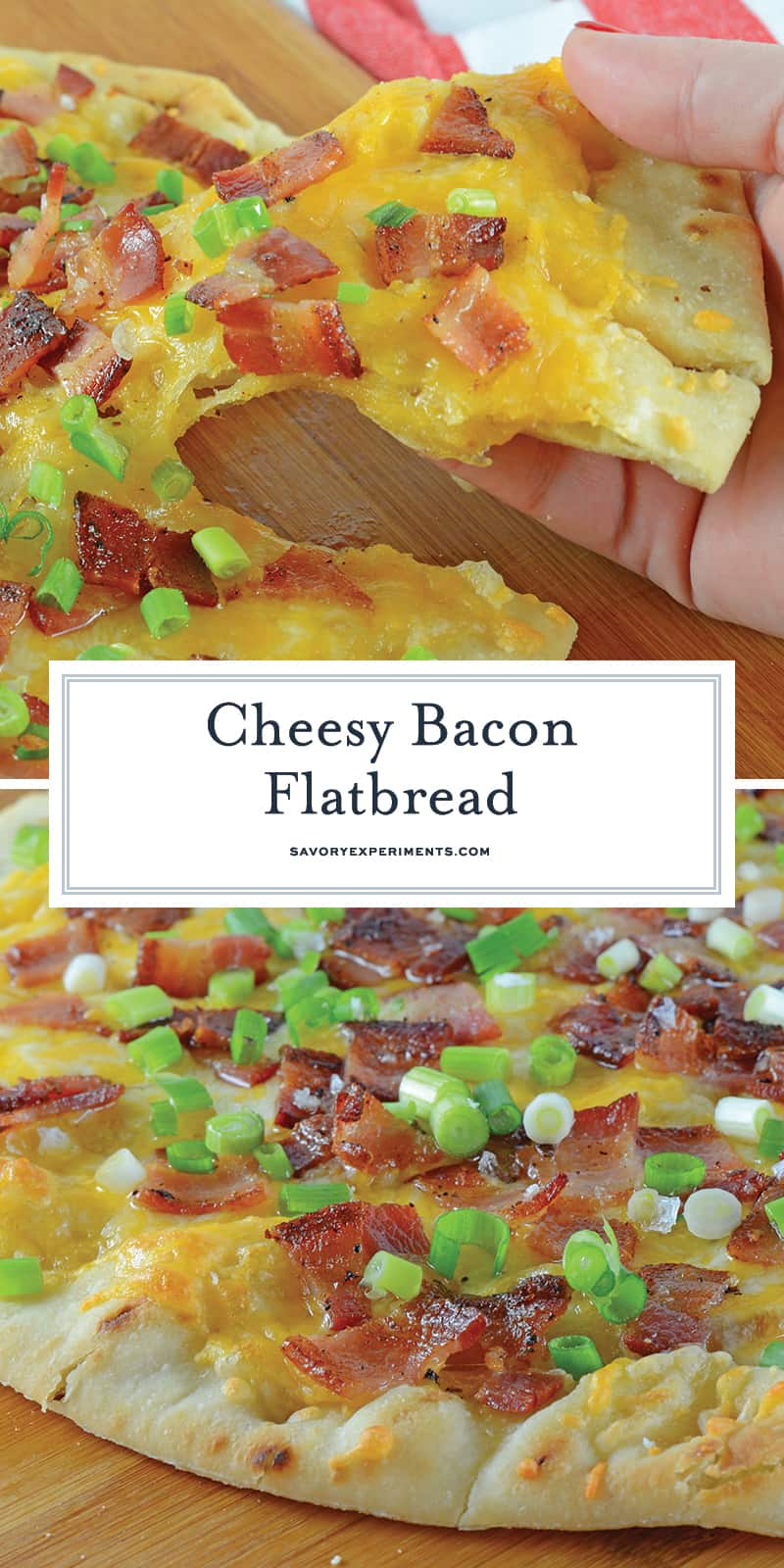 Bacon Cheddar Flatbread Pizza has just the right amount of bacon, cheese and garlic, this is a weeknight dinner that will be requested again and again! #flatbreadpizza www.savoryexperiments.com 