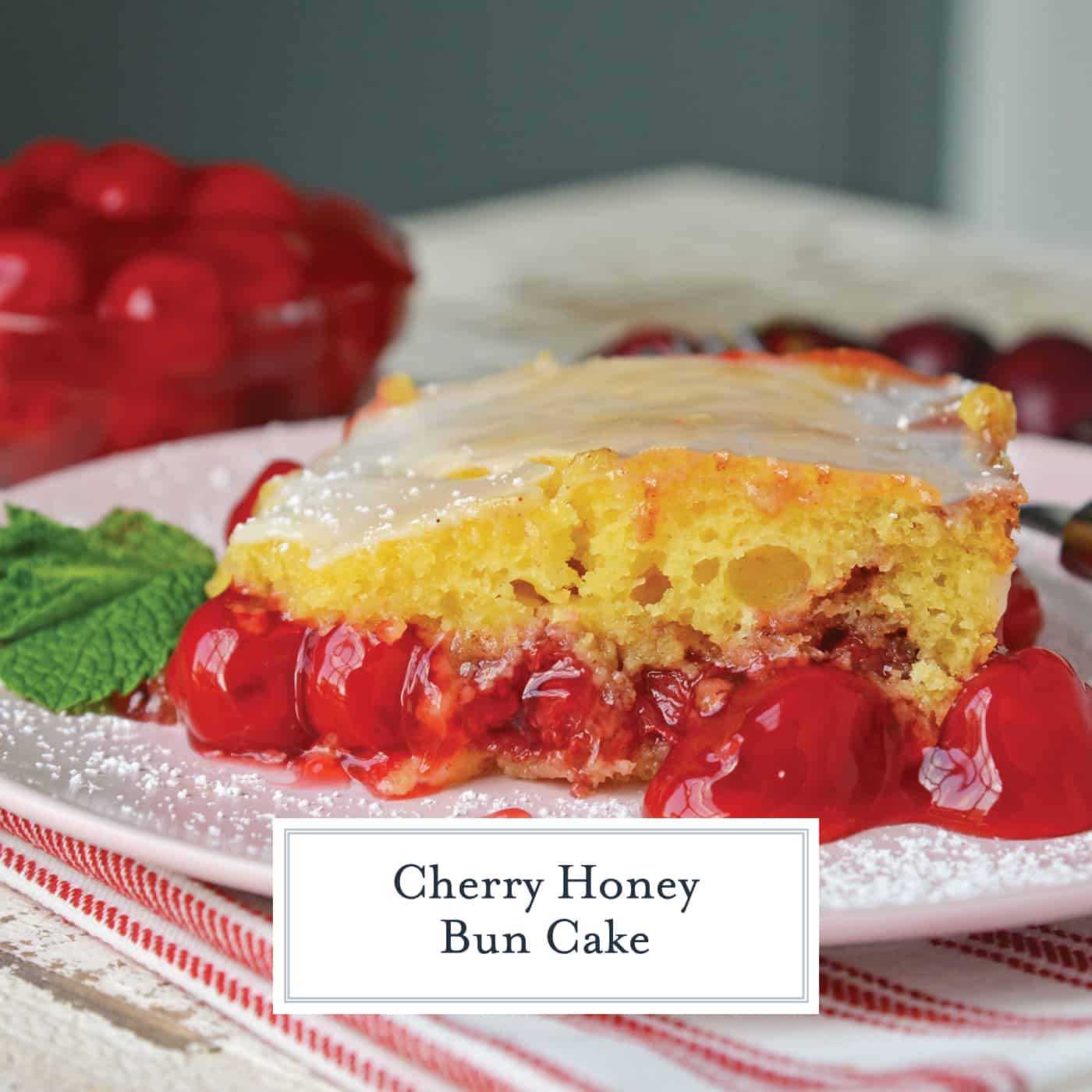 What is better than a Honey Bun Cake? A CHERRY Honey Bun Cake! Yellow cake mix laced with cinnamon, brown sugar and cherry pie filling, drizzled with almond glaze. #honeybuncake www.savoryexperiments.com