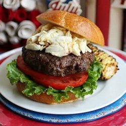 Chesapeake crab burger on a red, white and blue plate