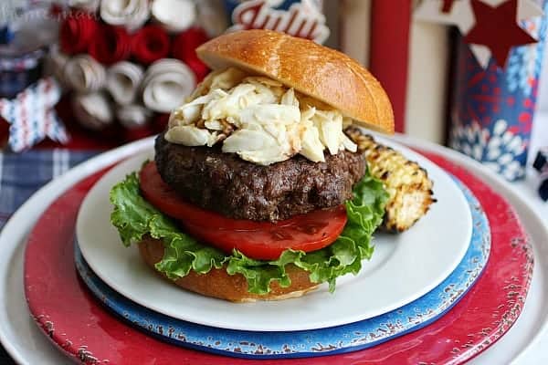 Chesapeake crab burger on a red, white and blue plate