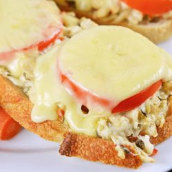 Close up of a crab melt on a white plate