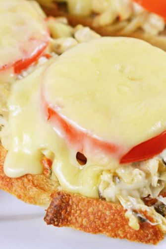 Close up of a crab melt on a white plate