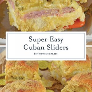 Cuban Sliders are made with layers of ham, pickles, and cheese between delicious sweet Hawaiian rolls. An easy and yummy appetizer! #cubansliders #minicubansandwiches www.savoryexperiments.com