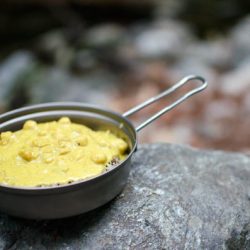 Camping curry in a pan on a rock