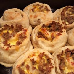 Close up of breakfast pinwheels in a dutch oven