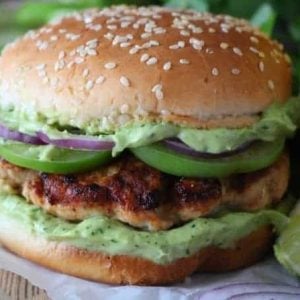 Close up of a green chili turkey burger