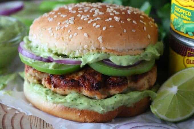 Close up of a green chili turkey burger