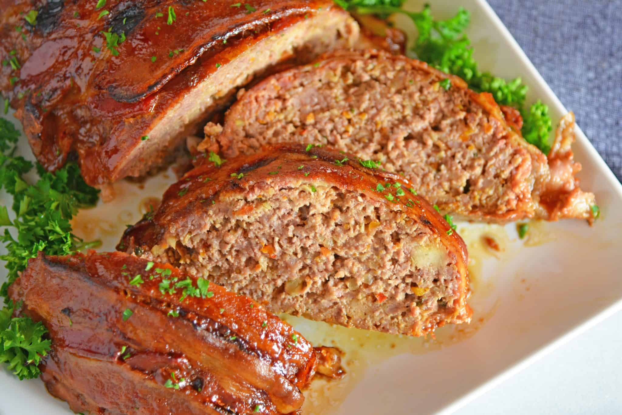 Guinness and cheddar meatloaf cut into slices