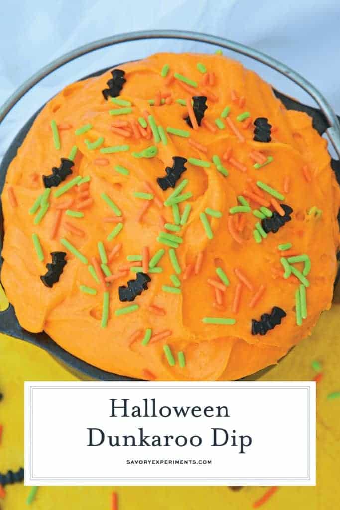 Halloween Dunkaroo Dip is a quick and easy cake batter dip that will become one of your go-to recipes for Halloween parties. #dunkaroodip #cakebatterdip www.savoryexperiments.com