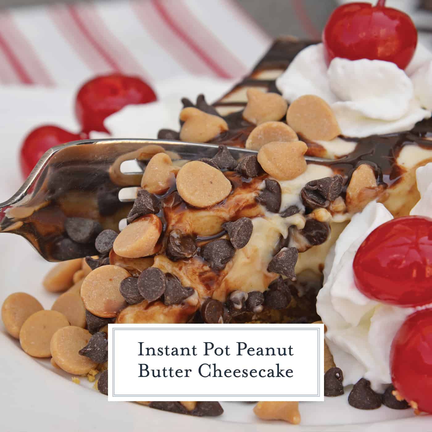 Instant Pot Peanut Butter Cheesecake is a rich and creamy cheesecake with a graham cracker crust, layer of chocolate and topped with peanut butter and chocolate chips. #instantpotcheesecake #peanutbuttercheesecake www.savoryexperiments.com 