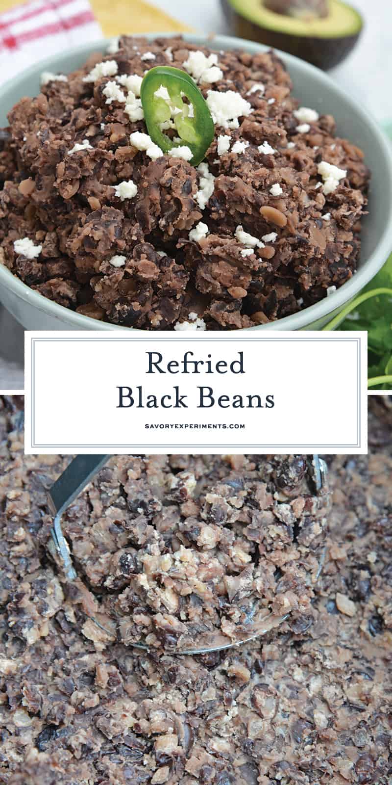 These homemade refried black beans are simple and easy to make and so versatile! Serve as a dip, on tacos, burritos or nachos or as a side to any dish! #homemaderefriedbeans #howtomakerefriedbeans #refriedblackbeans www.savoryexperiments.com