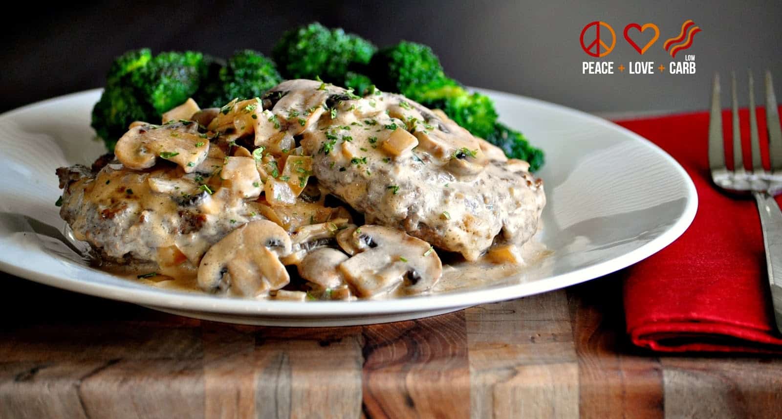 Stroganoff burger with broccoli on a white plate