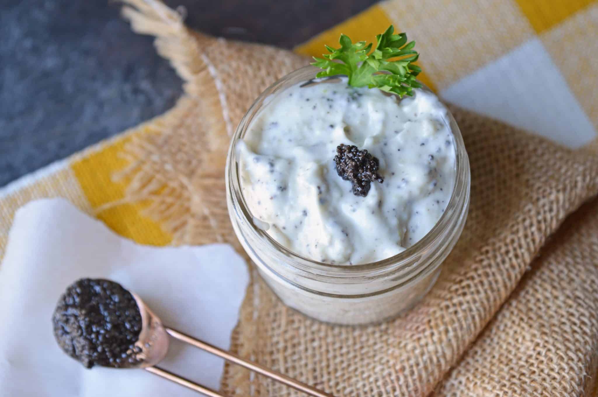 Truffle Aioli Sauce, made with black truffle pate, is a delicious, easy-to-make condiment you'll want to add to everything. As addicting as it is delicious! #blacktruffle #whatisatruffle #aiolisauce www.savoryexperiments.com