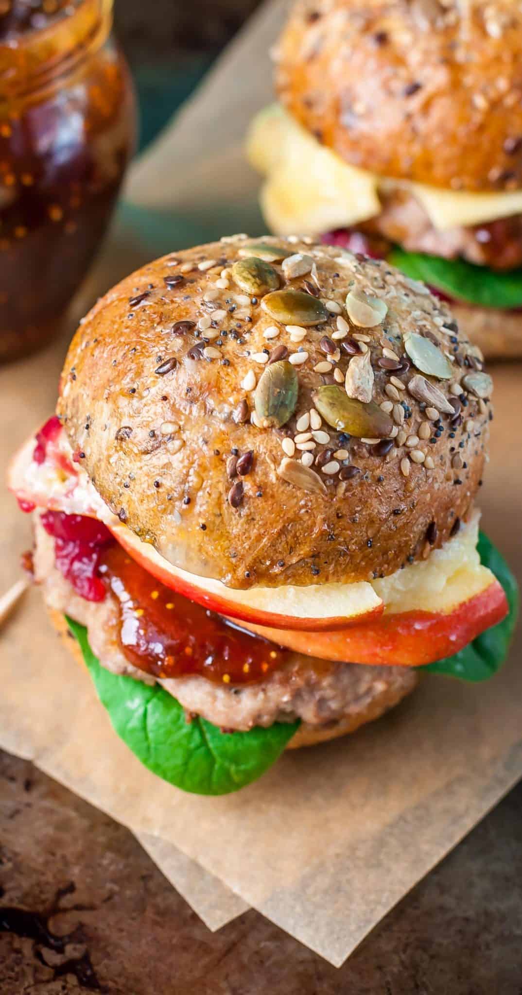 Close up of apple brie turkey burger