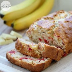 White chocolate cherry banana bread cut into slices