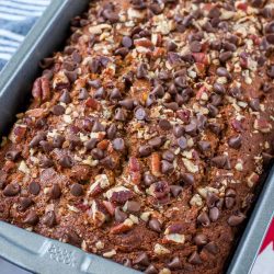 Banana split bread in a loaf pan