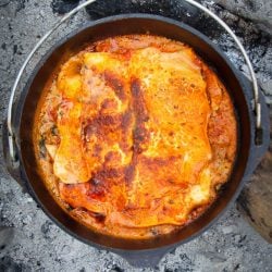 Campfire lasagna in a dutch oven