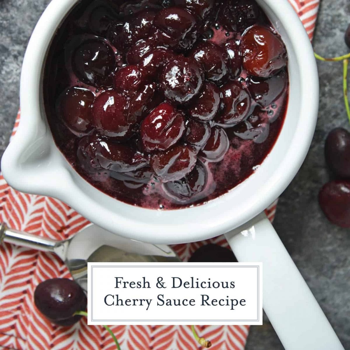 This Fresh Cherry Sauce is a yummy way to use fresh cherries. Spoon over ice cream, cake, waffles and more! #cherrysaucerecipe #freshcherryrecipes #desserttoppings www.savoryexperiments.com
