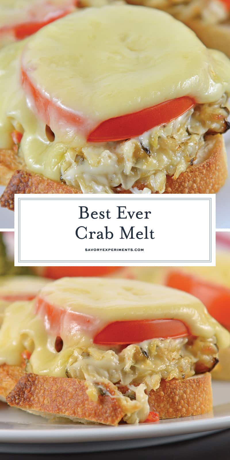 This Crab Melt will become your favorite open faced sandwich recipe! Deliciously cheesy and easy to make! #crabmelt #crabrecipes #openfacedsandwich www.savoryexperiments.com