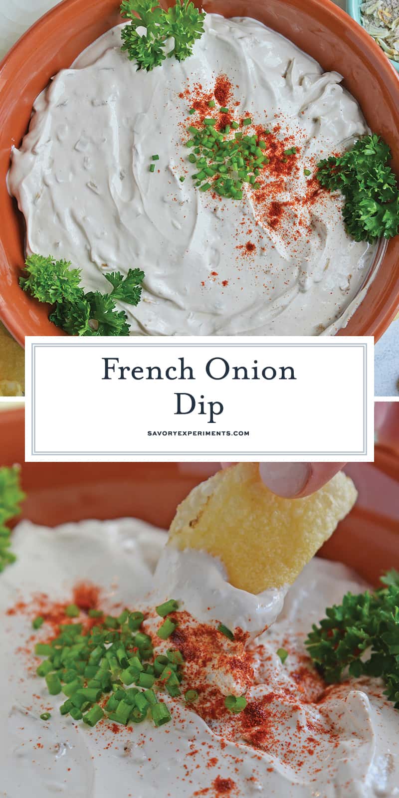 This French Onion Dip requires just 3 main ingredients and 5 minutes of prep. You'll never buy sour cream and onion dip from the store again! #frenchoniondip #partydip www.savoryexperiments.com