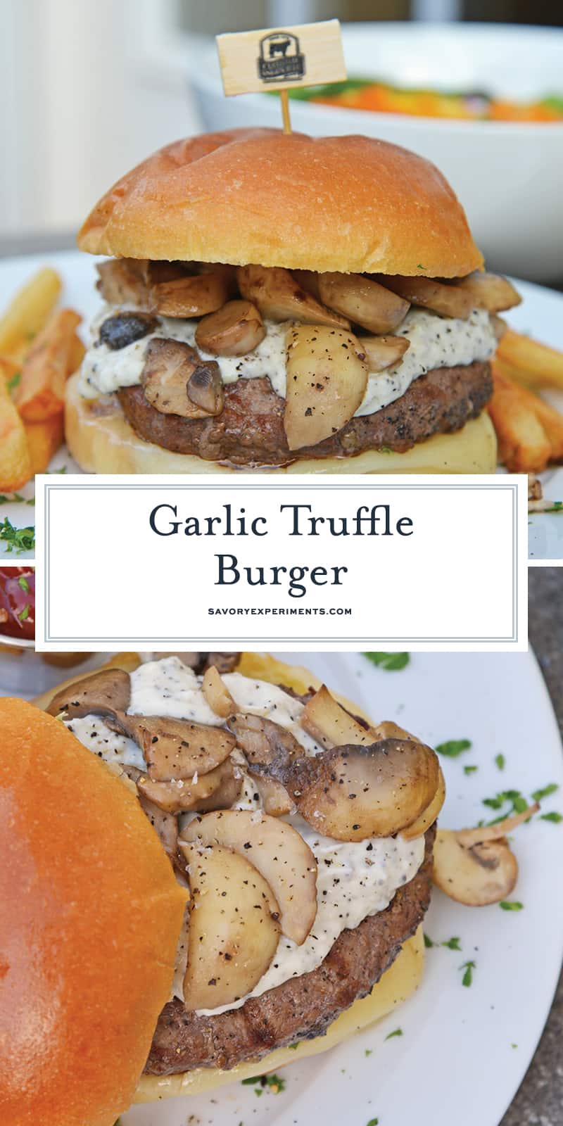 A Garlic Truffle Burger is the perfect way to make a gourmet burger at home. Truffle Aioli, sautéed mushrooms, Swiss cheese and a juicy burger patty on a buttery brioche roll. #gourmetburgers #truffleburgers www.savoryexperiments.com