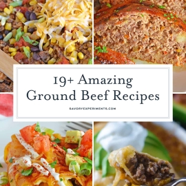 This collection of easy ground beef recipes provides a cheap solution for dinner! From a casserole to pasta and everything in between, these are the best ground beef recipes. #mealswithgroundbeef #recipeswithgroundbeef #easygroundbeefrecipes www.savoryexperiments.com
